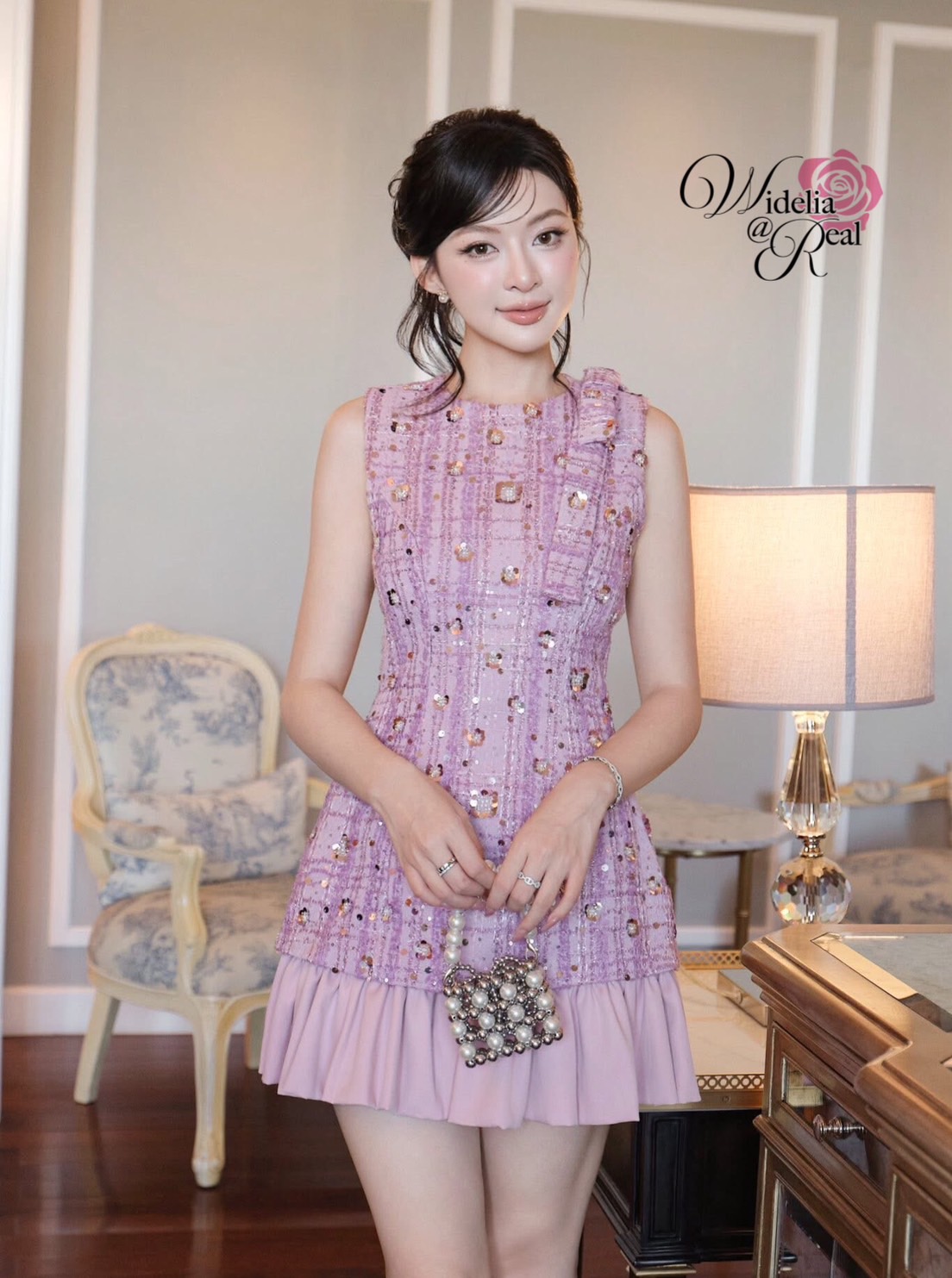 เดรสผ้าทวิตปักเลื่อม เย็บดอกไม้ด้วยลูกปัด ใส่แล้วดูสวยหรูมากแม่