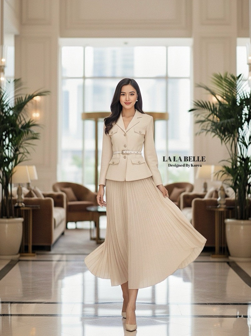เซต3ชิ้น เสื้อสูทคอวีกระดุมหน้า +เข็มขัดหนังเข้าชุด +กระโปรงอัดพีท