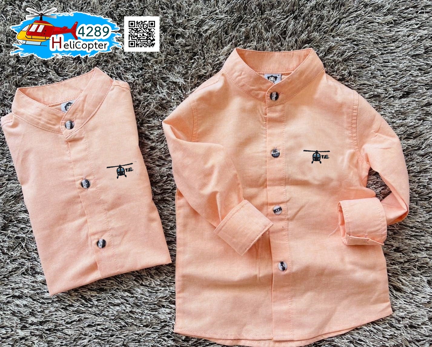 HC เสื้อเชิ้ต แขนยาว ปักคอปเตอร์ สีโอรส คอจีนเด็ก 8 เดือน - 8 ขวบ