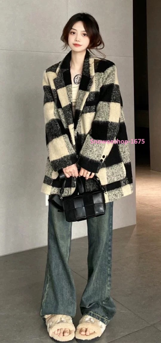 เสื้อโค้ทลายสก๊อตสีดำครีม ผ้าวูลผสมแคชเมียร์พร้อมซับในหนา ปกคอวีพร้อมกระดุมและกระเป๋าหน้าใส่สบายหรูหรา กันหนาว กันลม กันหิมะได้