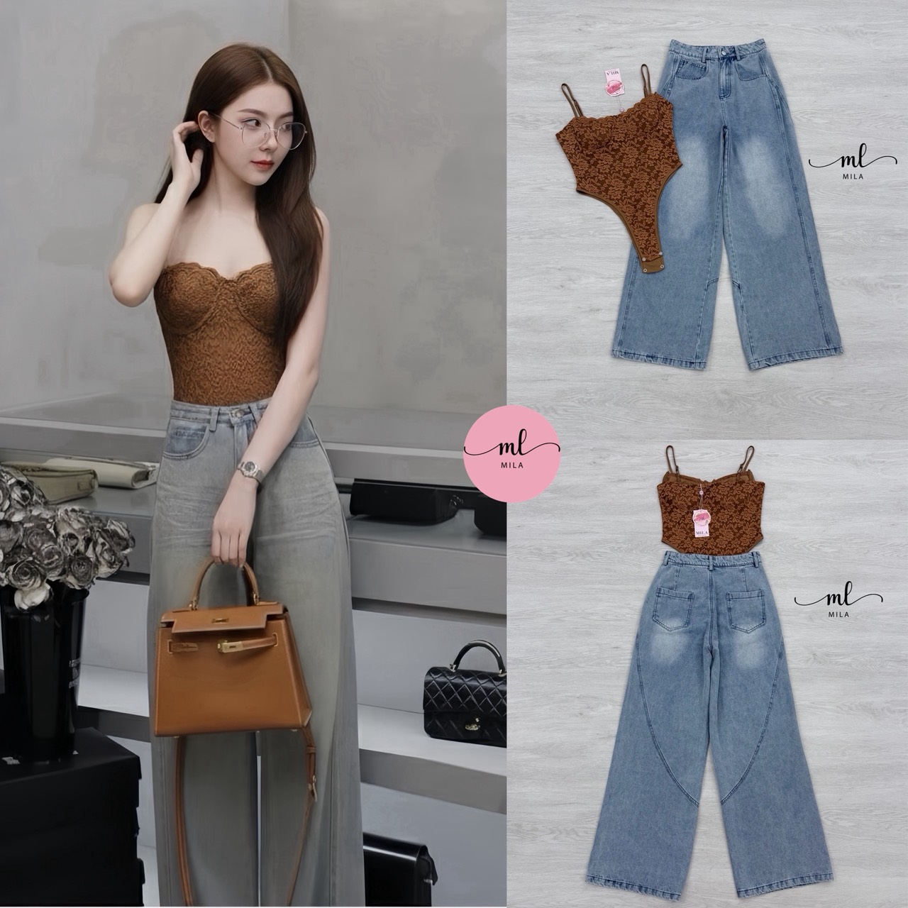 SET สวยหรูดูแพง แมทช์ง่าย เซ็ตบอดี้สูทลูกไม้โทนสีน้ำตาลเข้ม ขับผิวออร่าสุดๆ ตัดกับยีนส์ทรงขากว้างฟอกสวย กระดุมและซิปหน้าอย่างดี ใส่แล้วหุ่นปังสุดๆ งานจริงละเอียดมาก ลุคสายฝอจะหวานก็ได้ แซ่บก็ดี