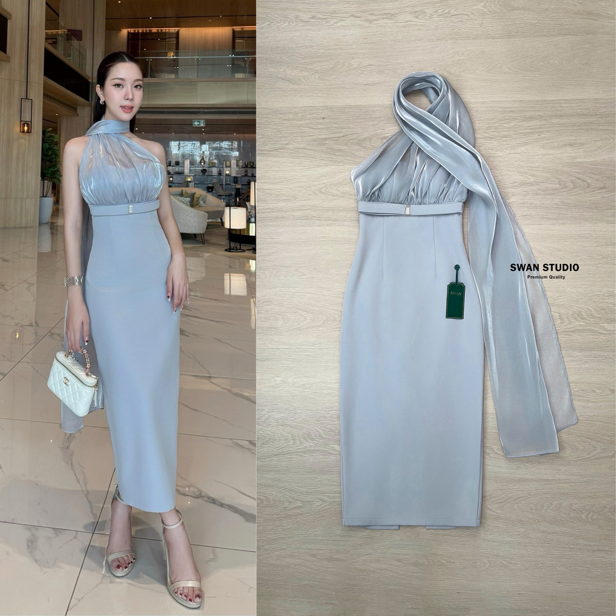 เดรสยาวสีเทา เดรสเกาะอกช่วงบนแต่งด้วยผ้าออแกนดี้ยาวเป็นผ้าพันคอ กระโปรงช่วงล่างเป็นทรงสอบผ่าหลัง มีแต่งสายคาดเอวเย็บติดมีเพชรตรงกลาง สวยเรียบดูแพงมาก ใส่ออกงาน สวยเด่นสง่า