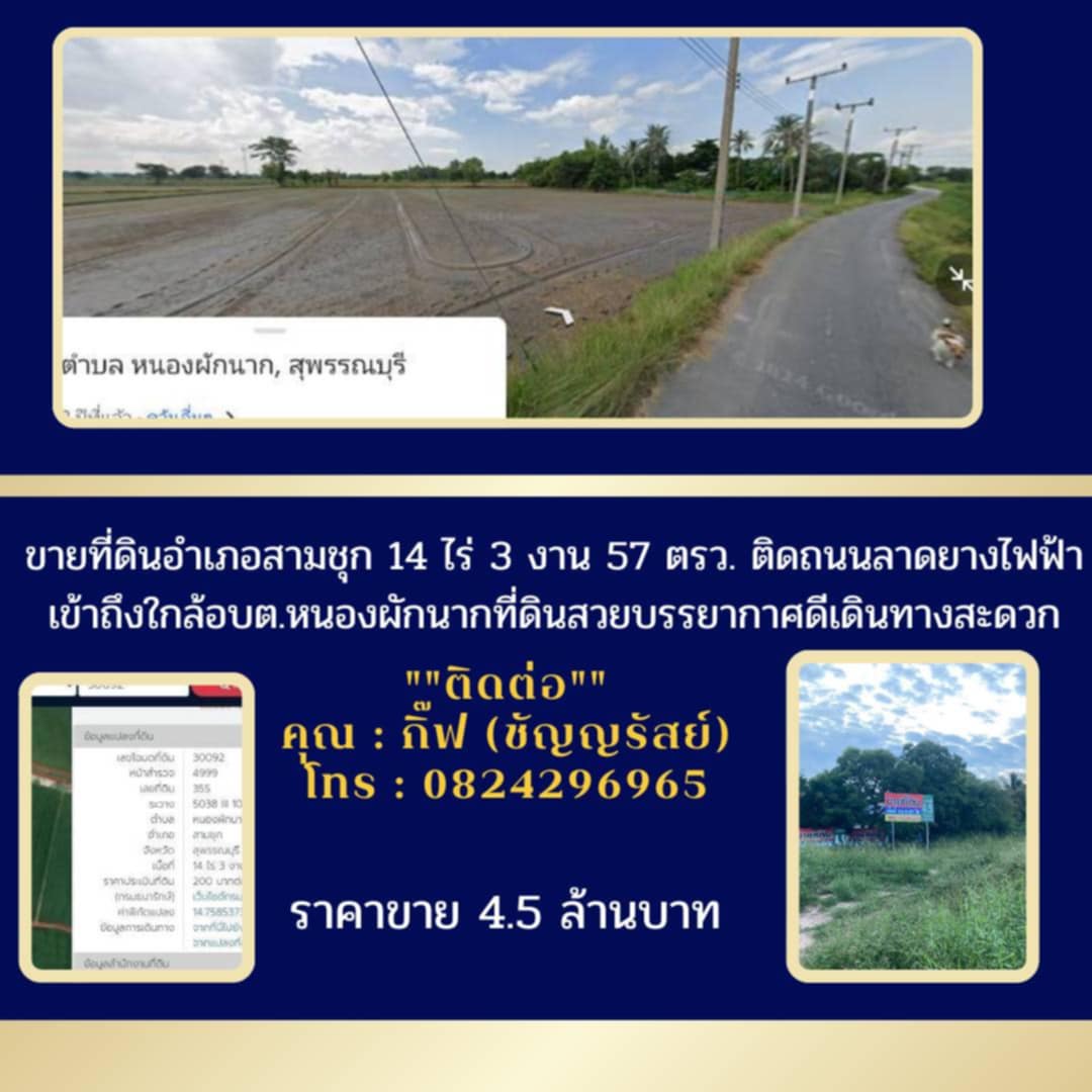 ขายที่ดินอำเภอสามชุก 14 ไร่ 3 งาน 57 ตรว. ติดถนนลาดยางไฟฟ้าเข้าถึงใกล้อบต.หนองผักนาก ที่ดินสวยบรรยาการดีเดินทางเข้าออกสะดวก