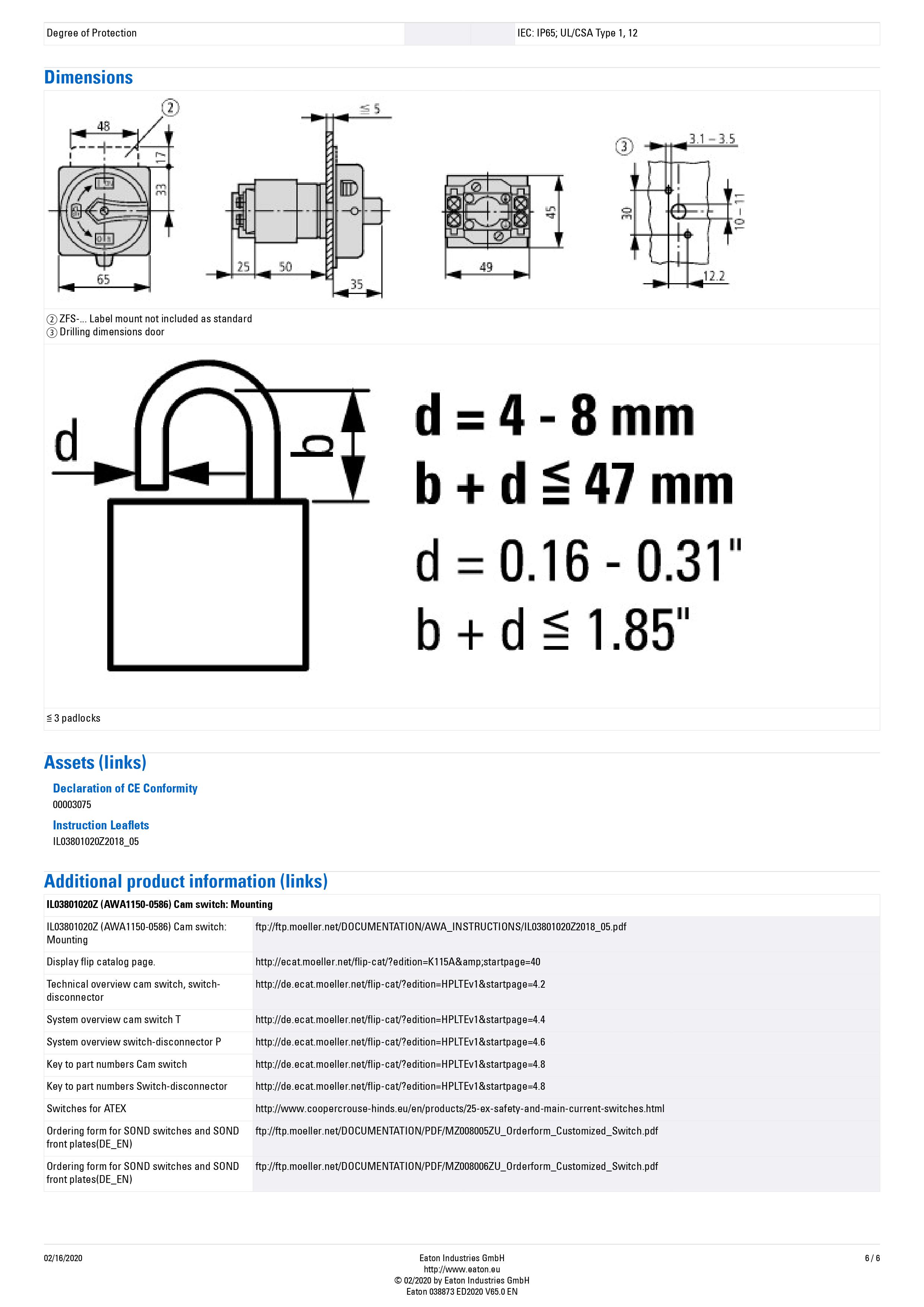 EATON : Main switch panel T0-2-1/EA/SVB 3P 20A