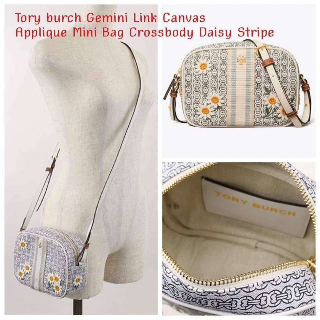 กระเป๋าสะพายไฮโซน่ารักแบรนด์เนมโทรี่เบิร์ชสีเทาลายดอกไม้เก๋ๆ Tory burch Gemini Link Canvas Applique Mini Bag Crossbody Daisy Stripe