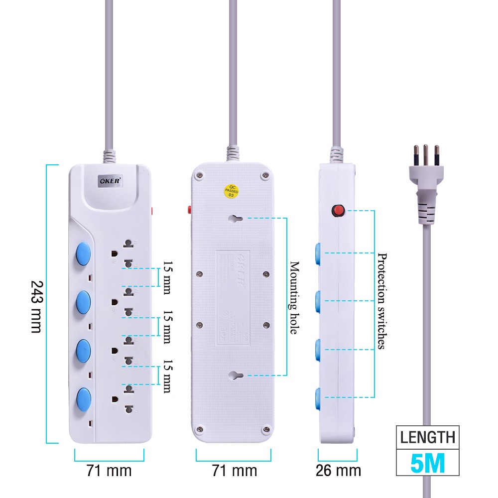 Oker PC-8559 /5 เมตร ปลั๊กไฟ 4เต้า 4สวิตซ์ มาตราฐาน มอก. PC-8559 5 เมตร PG-OK-05-8559W