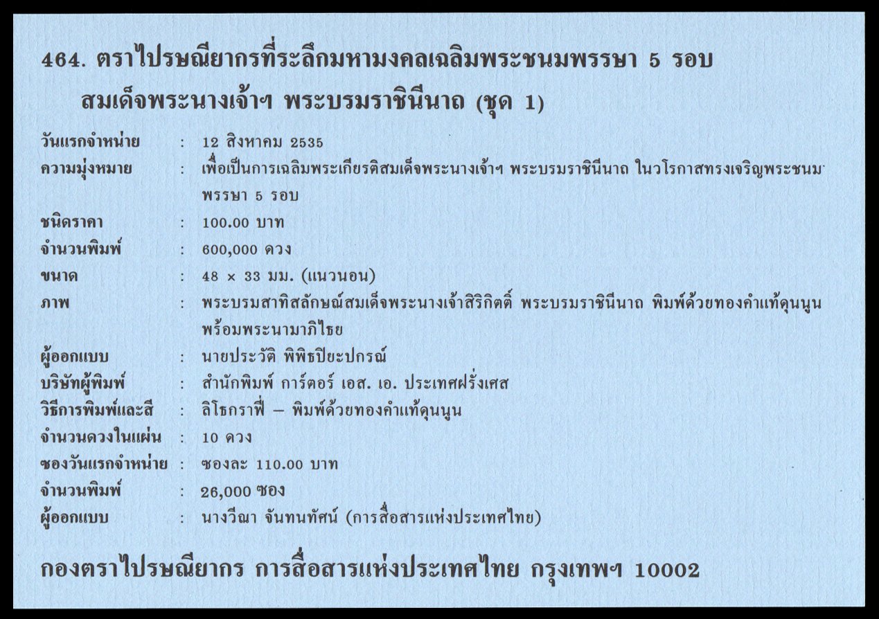 ซองวันแรกจำหน่ายมหามงคลเฉลิมพระชนมพรรษา 5 รอบ สมเด็จพระนางเจ้า พระบรมราชินีนาถ (ชุดที่ 1) 2535