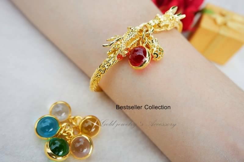 สร้อยข้อมือชุบทองคำแท้หัวมังกรประดับลูกแก้วพลอยสีตามวันเกิด มี5สี