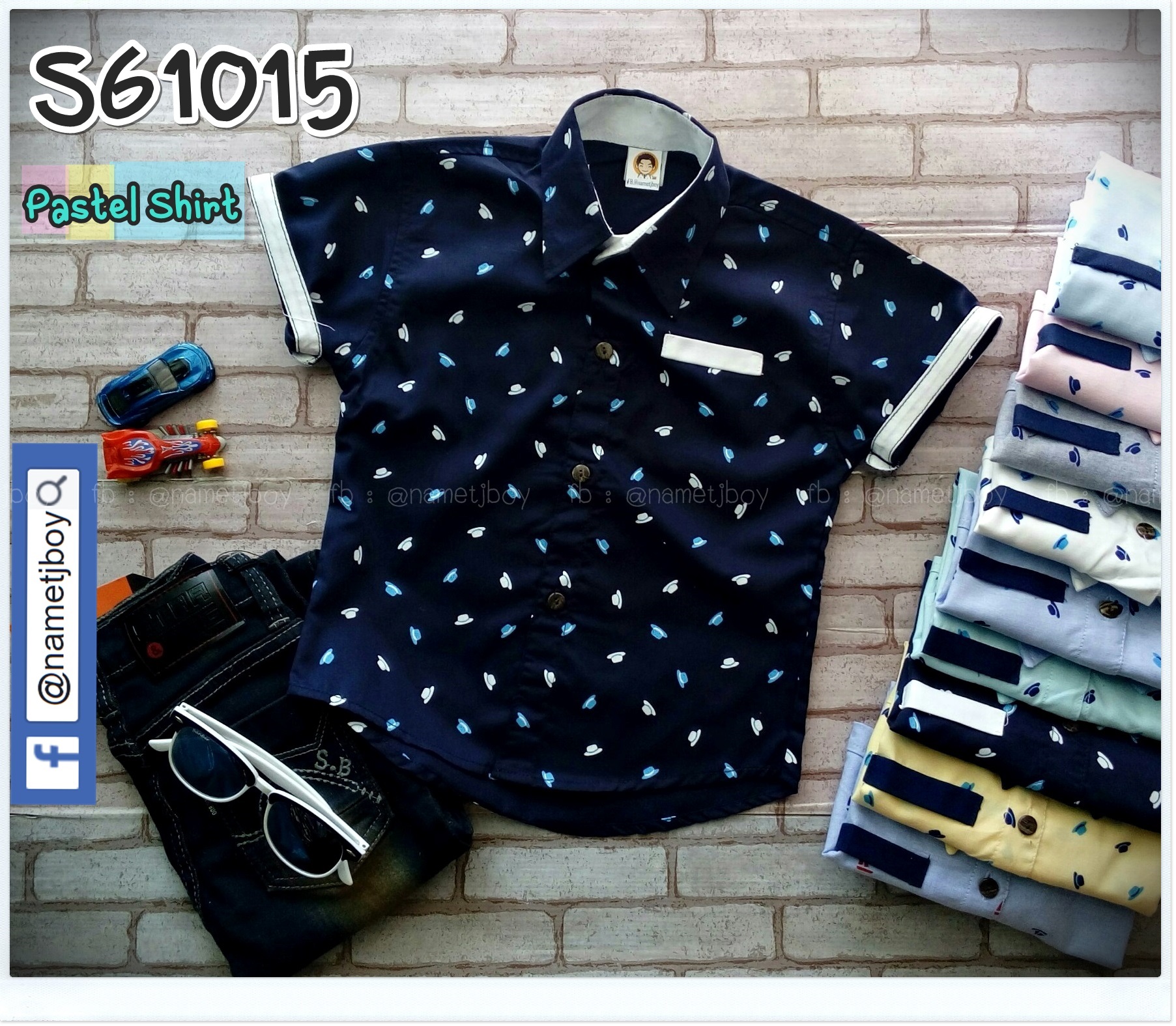 เสื้อเชิ้ตเด็ก แขนสั้น ลายหมวก Pastel สีกรม ไซส์ M