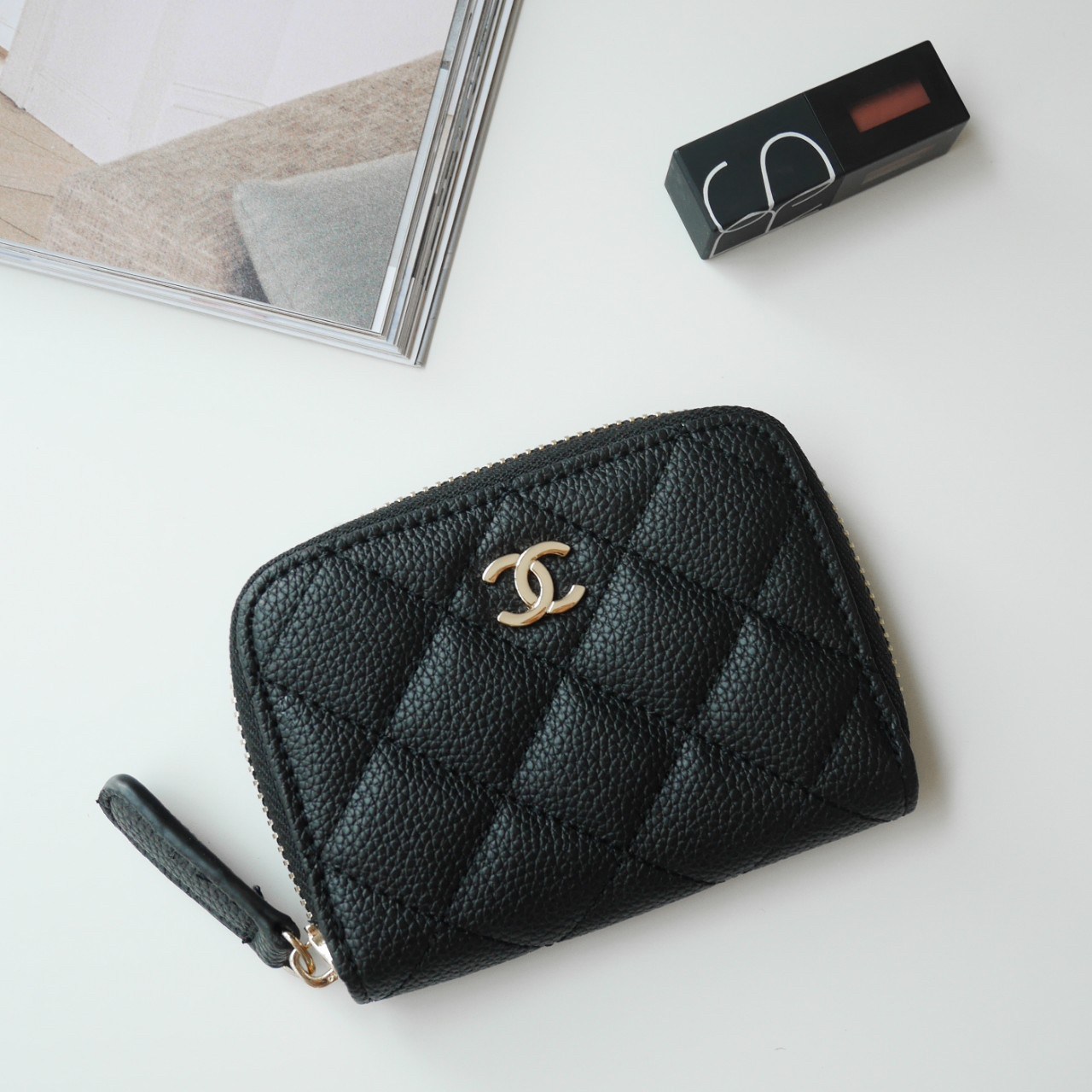 กระเป๋าสตางค์ใบสั้นซิปรอบเรียบรหรูดูแพงแบรนด์เนมชาแนลพรีเมี่ยมกิ๊ฟ Chanel Premium gift-หนังคาเวียร์สีดำอะไหล่ทอง
