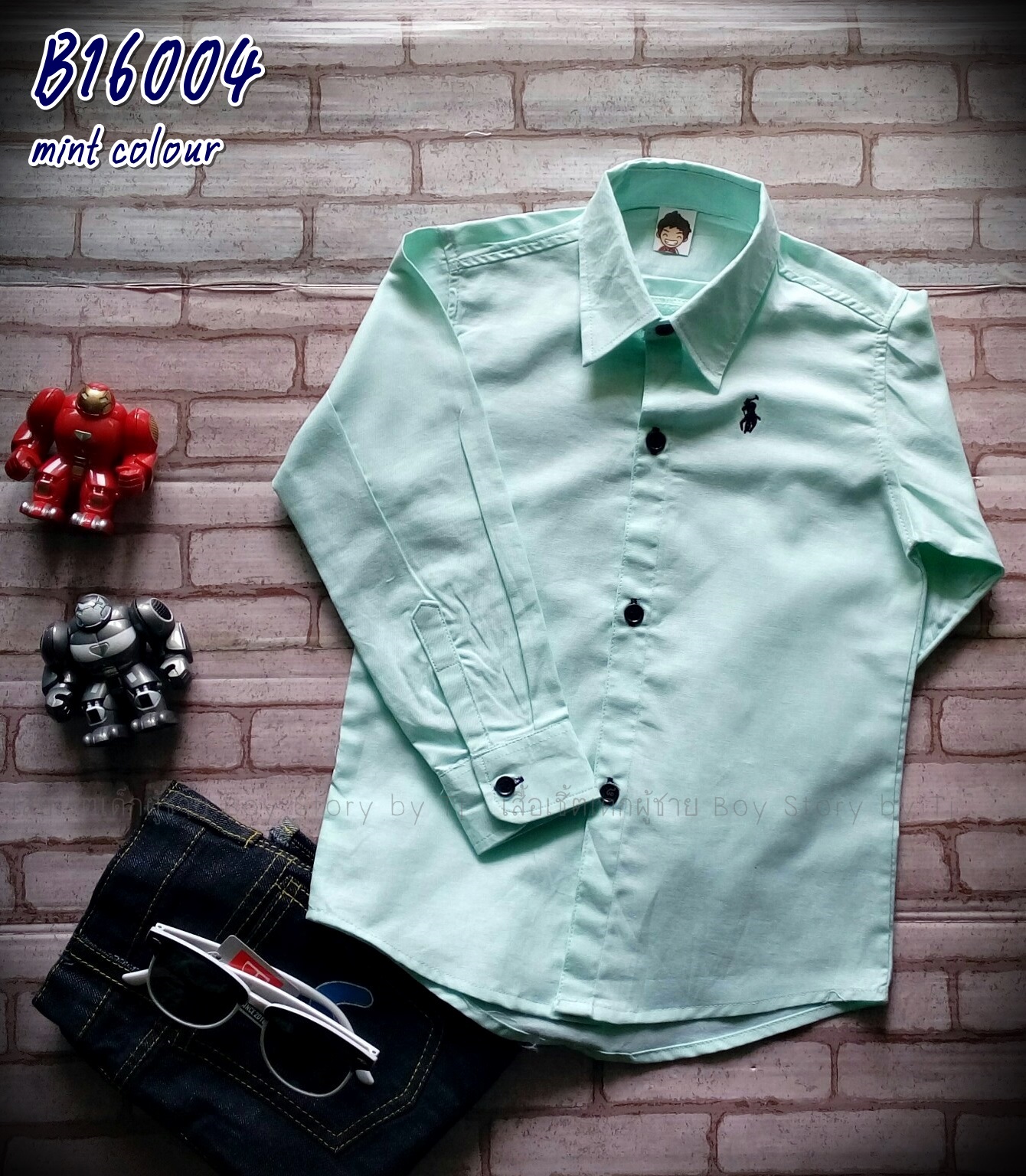 B16004 เสื้อเชิ้ตเด็ก แขนยาวสีมิ้นท์