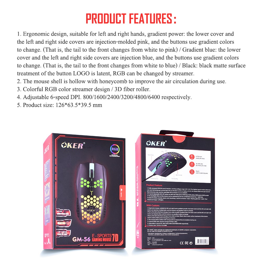 OKER GM-56 MOUSE MACRO USB 7D LED 6400DPI ESPORTS SKU-02949