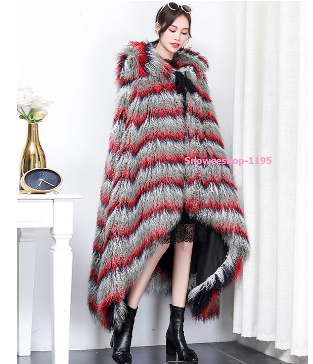 เสื้อคลุมมองโกเลียผ้าคลุมไหล่ขนเฟอร์ขนแกะยาวพร้อมฮู้ด แต่งไล่ระดับหน้าหลัง ซับในหนาใส่เสื้อคลุมกันหนาวติดลบได้ดี ขนาดฟรีไซส์ถึงรอบอก 55"