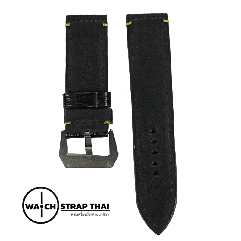 สายนาฬิกาหนังจระเข้แท้สำหรับ Panerai (Pam) Genuine Crocodile Leather Watch Strap Black ด้ายดำ ขนาด 24mm