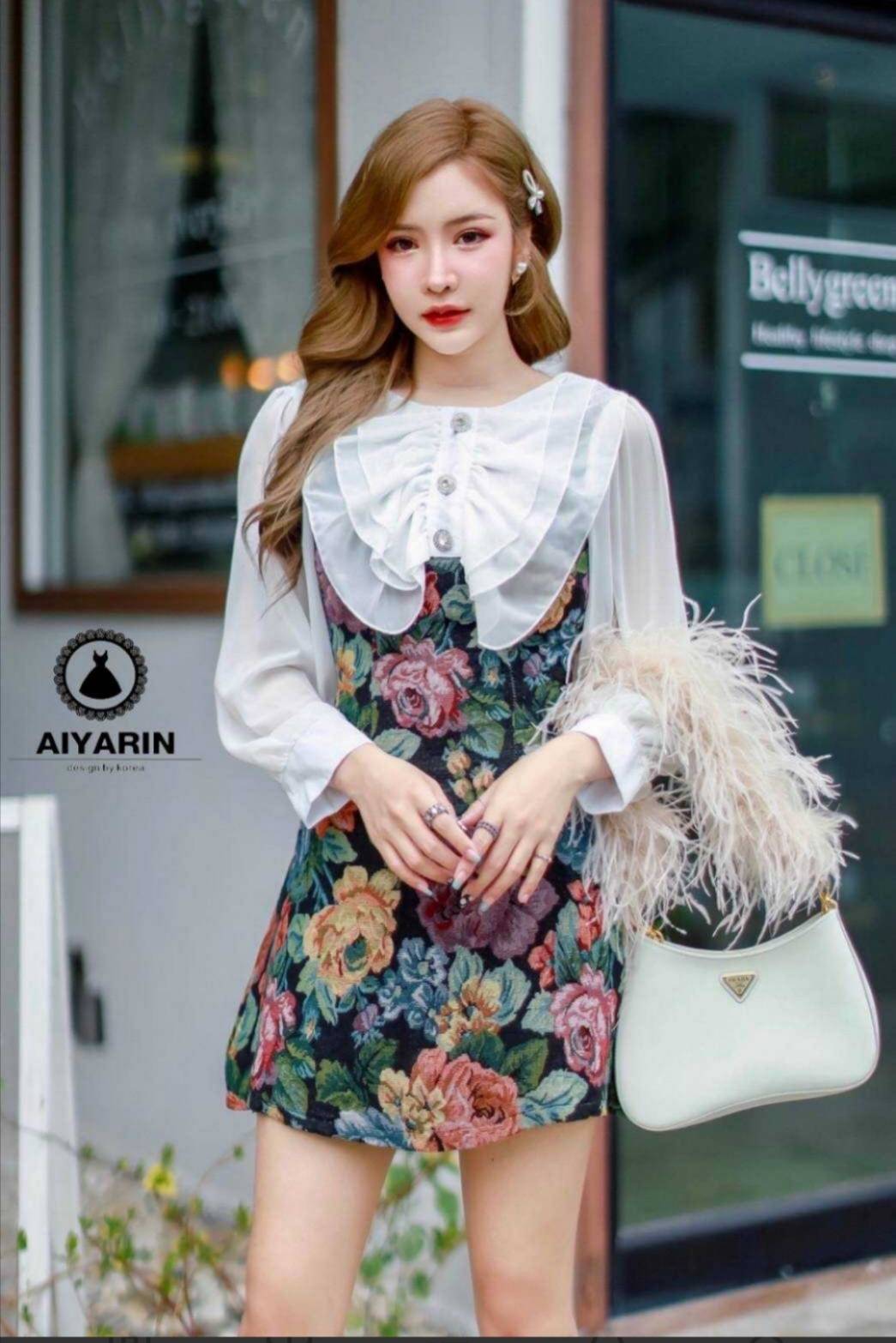 เดรสงานป้าย Aiyarin ลายดอกไม้ ลุคคุณหนูเรียบหรูดูแพงดูไฮโซสีเขียว ฟ้า แดงSize-XL