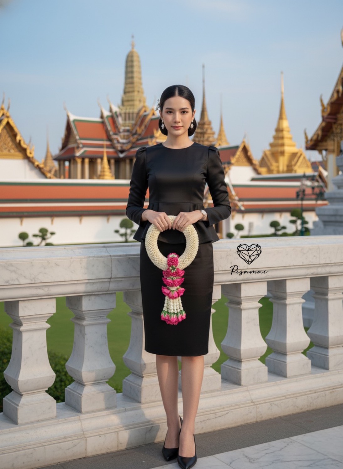 เซ็ตชุดไทยจิตรดาสีดำแขนยาวช่วงชายเสื้อแต่งทรงระบาย มาคู่กับกระโปรงทรงสอบคลุมเข่า ตามหากันทั้งประเทศ ต้องมีเลยค่า