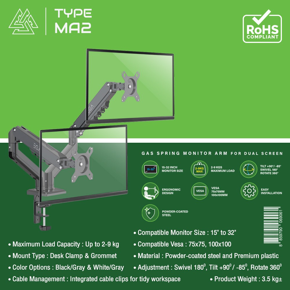 EGA TYPE MA2 Dual LCD ARM ขาตั้งจอคอม 2จอ ,แบบตั้งโต๊ะ รองรับจอ 15-32" SKU-03168