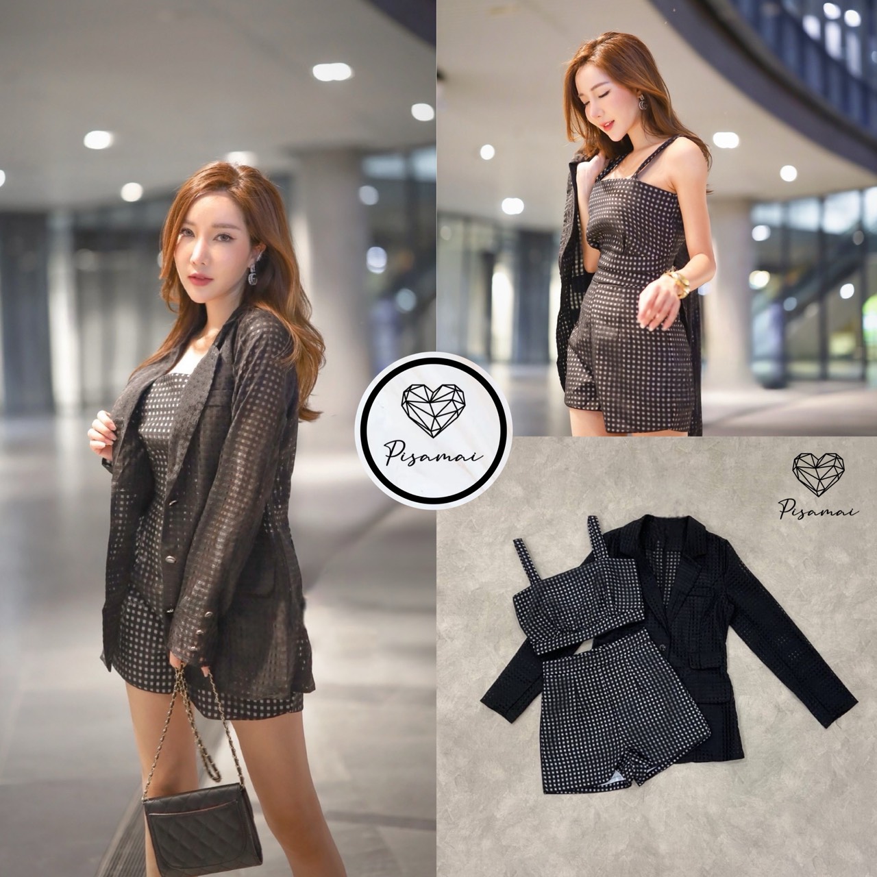 เซ็ตเบเซอร์คลุมลายตารางสก็อตสีดำ มาคู่กับเสื้อคอปและกางเกงขาสั้นเข้าเซ็ต ใส่ทั้งชุดแมทกันสวยมากๆค่า ต้องมีเลยค่า