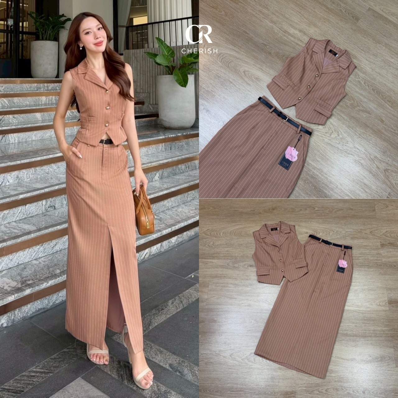 ชุดเซ็ท 3 ชิ้น เสื้อ+กระโปรง+เข็มขัด ตัวเสื้อกั๊กลายริ้ว แขนกุดคอวี แต่งกระเป๋าหลอก 2 ข้าง กระดุมทอง ช่วงเอว มีสายผูกเอวสามารถทำเป็นโบว์เล็กๆน่ารักได้ มาพร้อม