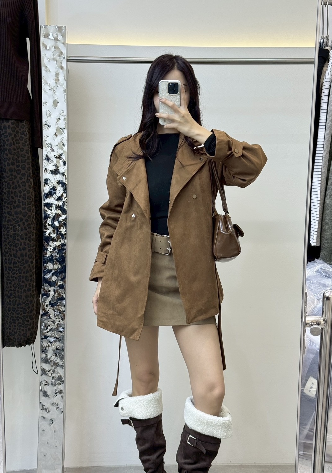 แจ็คเก็ตกันหนาวหนังกลับแขนยาว มาพร้อมเข็มขัด ✔ ดีเทลคอปีน ด้านในบุขนกันหนาว มีกรพเป๋าล้วงข้าง