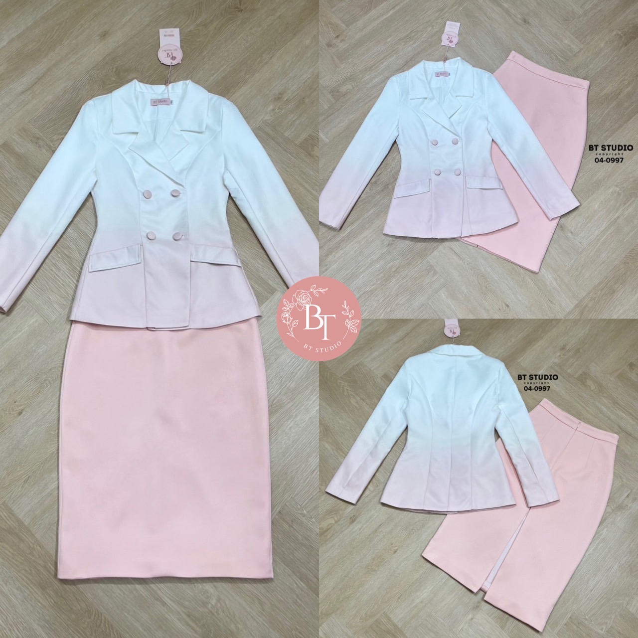 เซท 2 ชิ้น เสื้อเบเซอร์แขนยาวคอปกแต่งกระดุม 4 เม็ด ดีไซส์แต่งไล่สีแมทซ์กับกระโปรงคลุมเข่าผ่าปลายชายด้านหลัง งานสวยเนื้อผ้าดี ชุดนี้ hiend ม๊ากคร้าาา