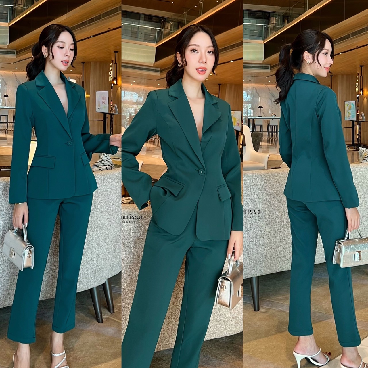 เสื้อสูท+กางเกง setsuit สีสวยไม่เหมือนใคร ตัวเสื้อมีซับในทั้งตัว แต่งกระดุม1 เม็ด กระเป๋าจริงทั้งเสื้อและกางเกง มาพร้อมกางเกงขายาว 9 ส่วน เป็นทรงกระบอกเล็ก งานดีเวอร์ อัดรีดกาวทั้งชุด งานคุณภาพสุดๆและหรูมากคะ