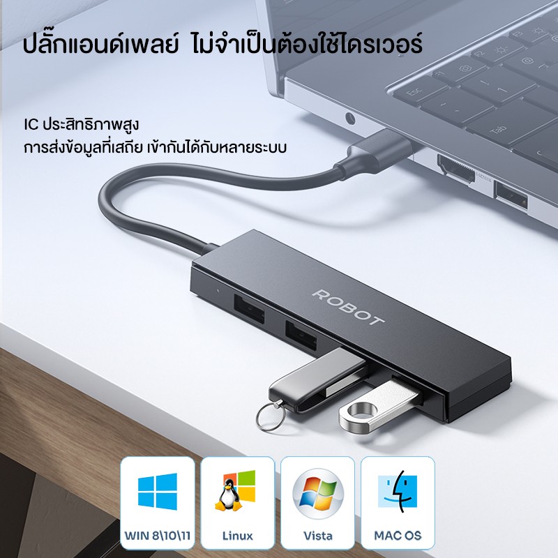 ROBOT H130 USB HUB 4 PORT USB 2.0 ความเร็วสูง 480Mbps HB-4P-RB-H130B