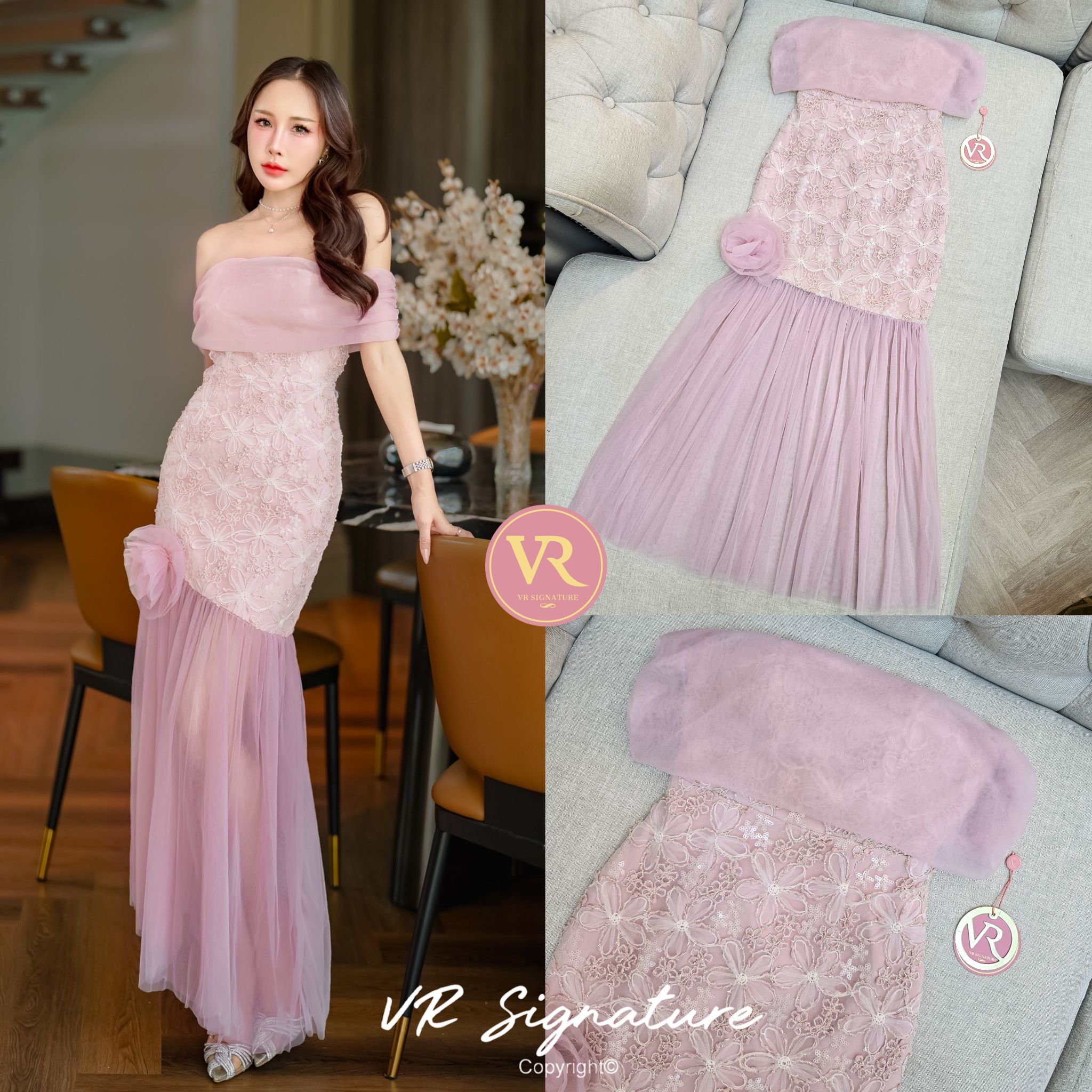 Dress ตัวยาว ปาดไหล่ เนื้อผ้าซีทรูตาข่าย ช่วงตัวใช้ผ้าลูกไม้แฮนด์เมดรูปดอกไม้ปักเลื่อมทั้งตัวสวยมากๆค่ะ อกมีฟองน้ำจัดทรงให้ค่ะ เอวเข้ารูป ชายกระโปรงแต่งเฉียงเล็กน้อย แต่งผ้าตาข่ายชายกระโปรง มีเข็มกลัดดอกไม้