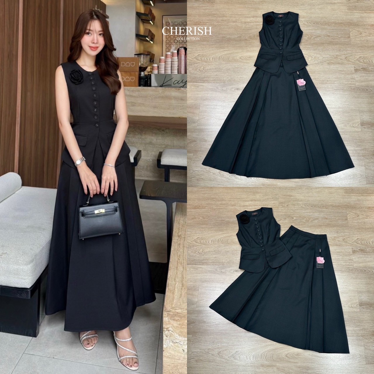 ชุดเซ็ท เสื้อ+กระโปรง สไตล์คุณหนู เรียบหรูดูผู้ดี เสื้อแขนกุดตัวยาวตกแต่งกระดุม มีกระเป๋า 2 ข้างใช้งานได้จริง มาพร้อมเข็มกลัดดอกไม้ จะติดตรงไหนก็ได้ตามใจชอบ ตัวกระโปรงบานเอวสูงจับจีบหน้ามีกระเป๋า 2 ข้าง ซับในอย่างดี จะใส่เดินห้างหรือไปงานสังสรรค์เข้าสังคม