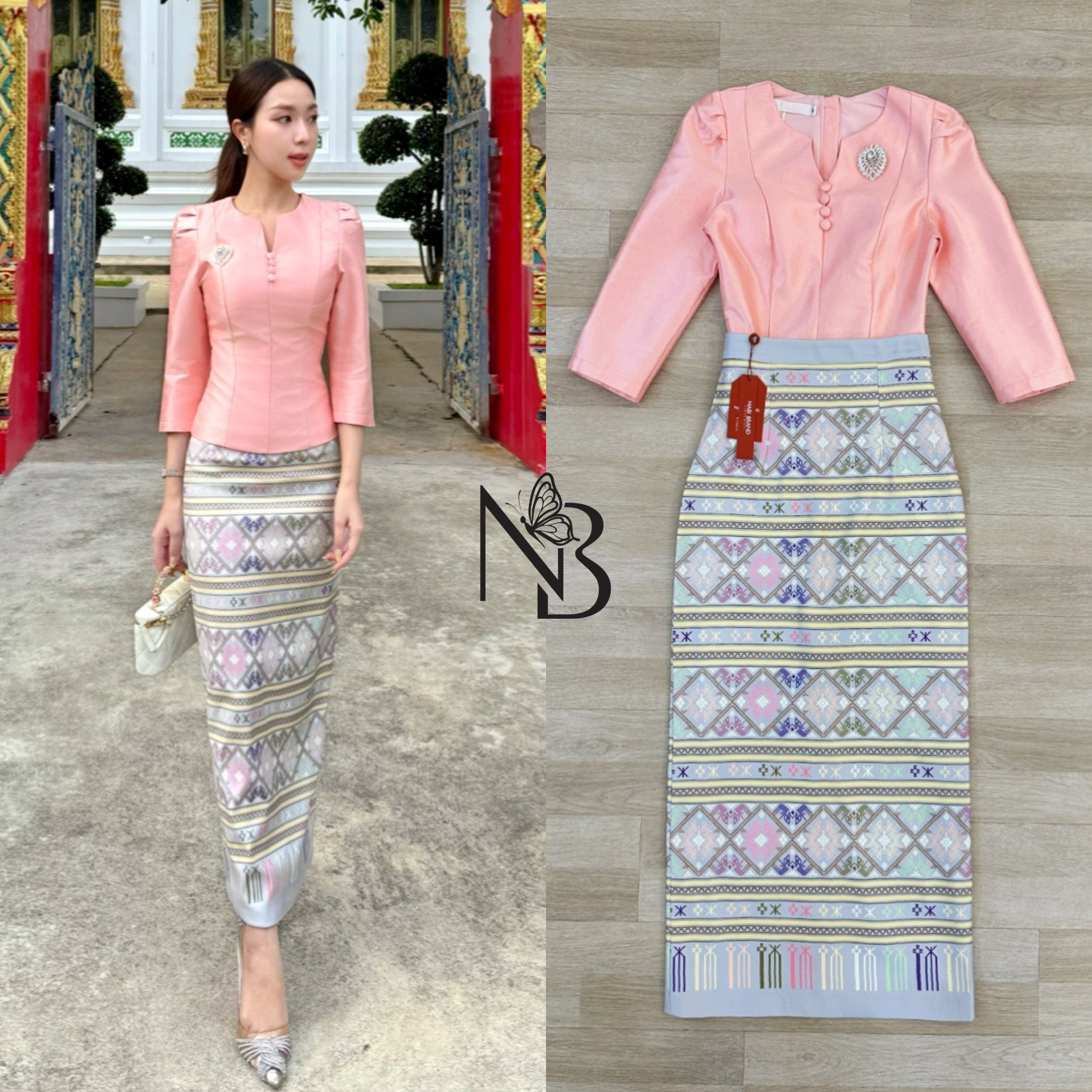 Label :: #NABIBRAND Code :: A-50010 Detail :: ใครกำลังมองหาชุดไปวัด งานบวช งานขึ้นบ้านใหม่ ออกพรรษา แนะนำชุดนี้เลยค่ะ ชุดเซ็ตเสื้อแขนยาว 3ส่วน คอกลม ผ่าทรงวีช่วงอก แต่งกระดุม มาคู่กับผ้าถุงพิมพ์ลายไทยและเข็มกลัดเพชร ทรงสวยมาก ผ่าด้านหลัง เดินสะดวก ผ้าอัดก