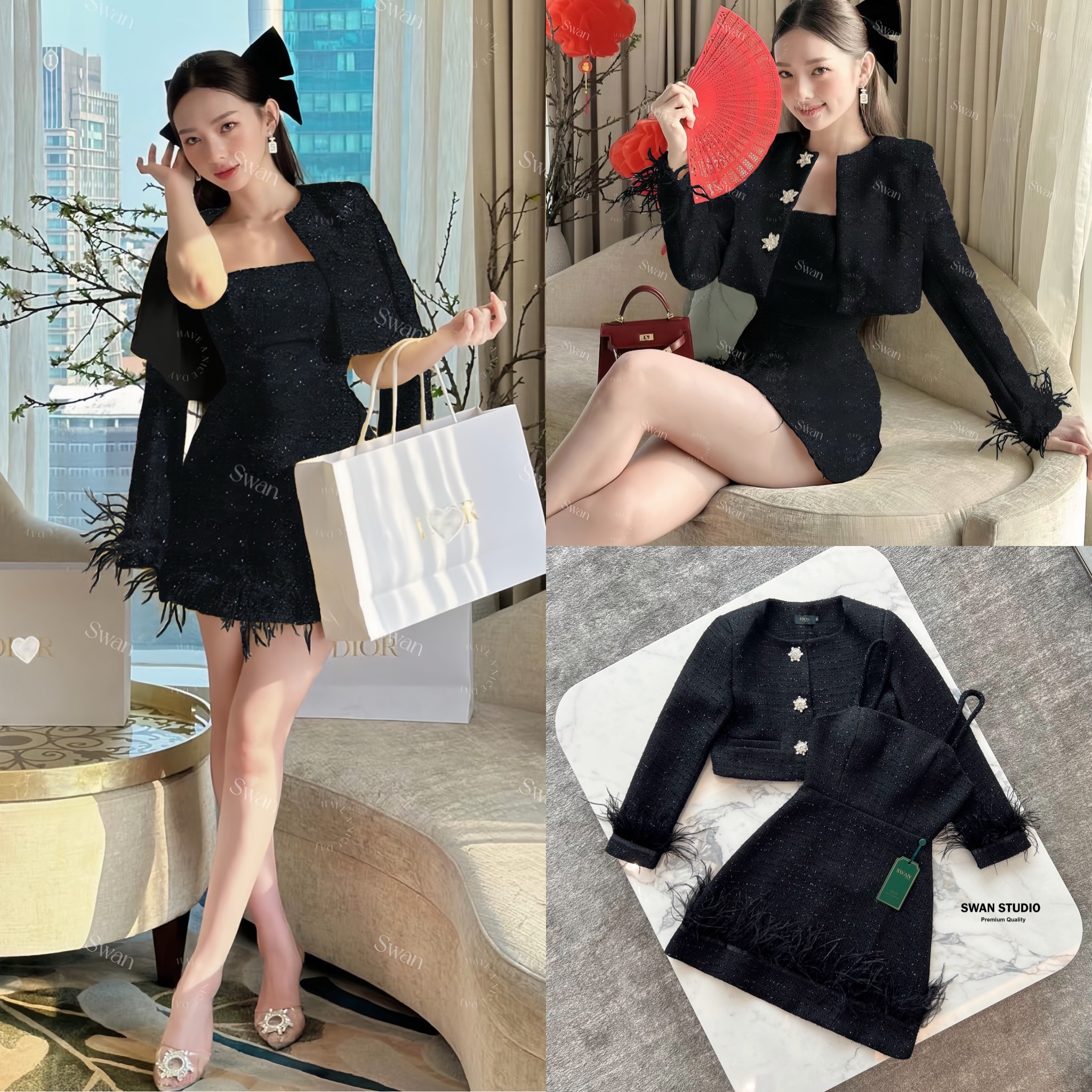 เซทเสื้อคลุมแขนยาวผ้าทวิตสีดำ แต่งกระดุมเพชรดอกไม้ ปลายแขนแต่งขนนก + มินิเดรสเกาะอก แต่งปลายเดรสด้วยขนนก สวยดูแพงมาก ห้ามพลาดค่า