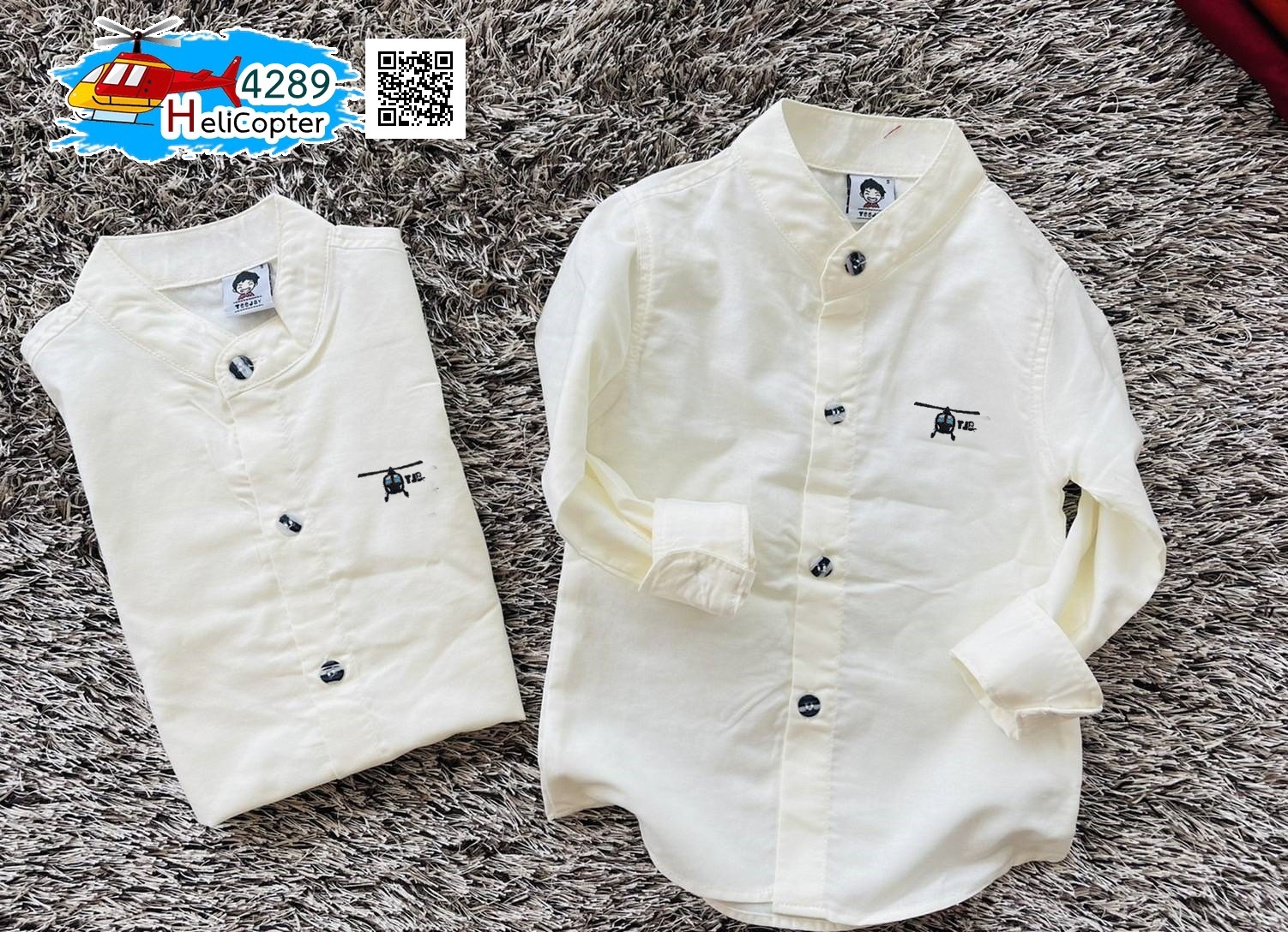 HC เสื้อเชิ้ต แขนยาว ปักคอปเตอร์ สีครีม คอจีนเด็ก 8 เดือน - 8 ขวบ