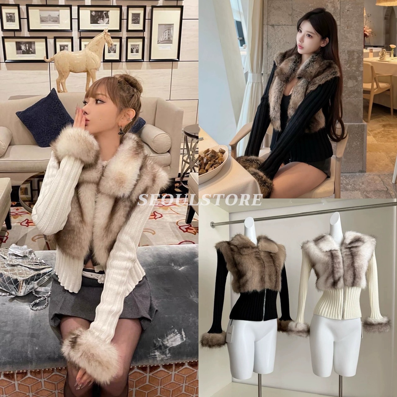 เสื้อไหมพรมตกแต่งขนเฟอร์ ดีเทลมีซิปรูดด้านหน้า งานสไตล์เกาหลี