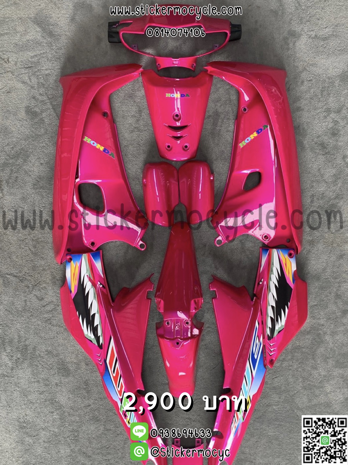 ชุดสี Wave100 สีชมพูบานเย็น ติดสติ๊กเกอร์ลายการ์ตูน ทำสีระบบ 2K