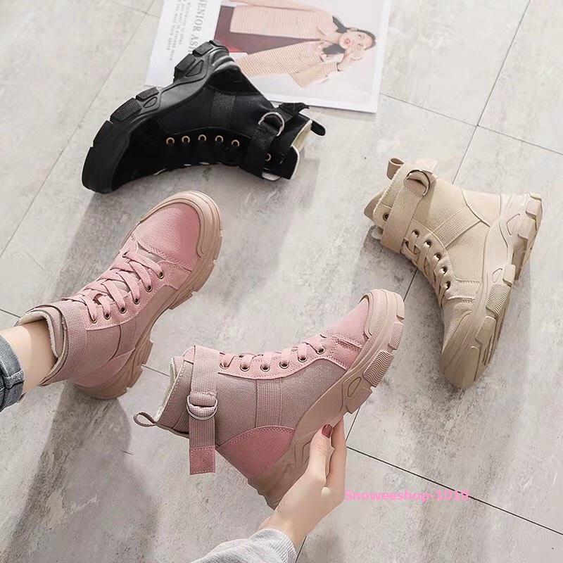 Snow boot Martin รองเท้าบูธผู้หญิงสไตส์มาร์ตินแต่งทูโทนเข็มขัดพื้น กันลื่นกันหิมะกันหนาวได้ดี สีชมพูของจริงจะสีเข้มกว่าในรูป