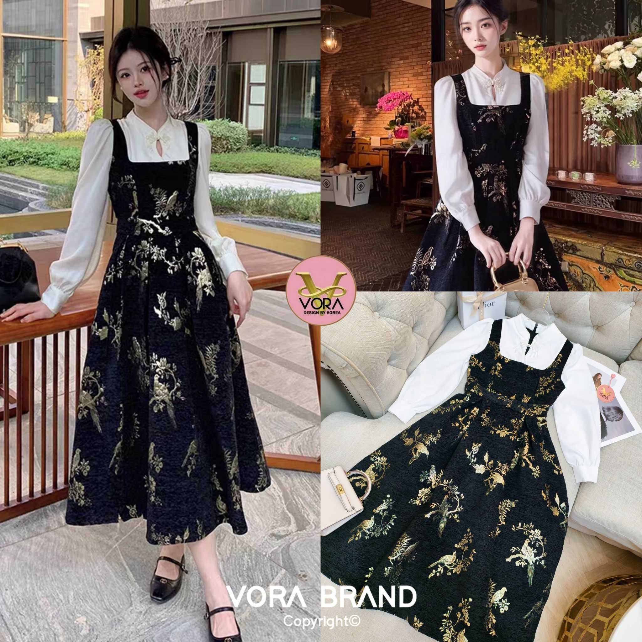 Dress ยาว แต่งเสื้อแขนยาวคอจีนติดกันกับชุด แต่งกระดุมช่วงคอเสื้อ ช่วงตัวใช้ผ้าทอลายสวย เอวเข้ารูป ช่วงกระโปรงจับจีบบานสวย เนื้อผ้าทอลายสวย มีน้ำหนักทิ้งตัวสวย มีซับในทั้งชุดค่ะ ใส่ออกมาเป็นทรงสวยสุดๆค่า ซับในทั้งชุดค่า