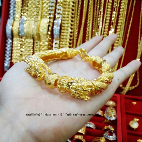 กำไลมังกรคู่ชุบทองแท้ 5ไมแบบลายแบน สลักลวดลายสวยงาม หนัก3บาท