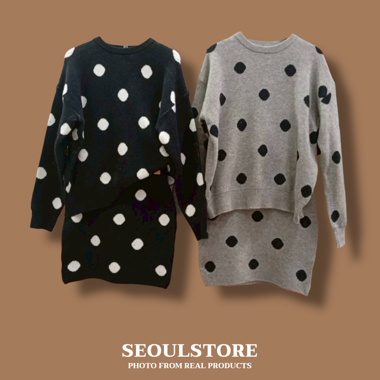 Set 2 ชิ้น ไหมพรมขนฟูลายจุด เสื้อโอเวอร์ไซส์ แมทช์คู่กับกระโปรงสั้นน่ารักมากค่ะ