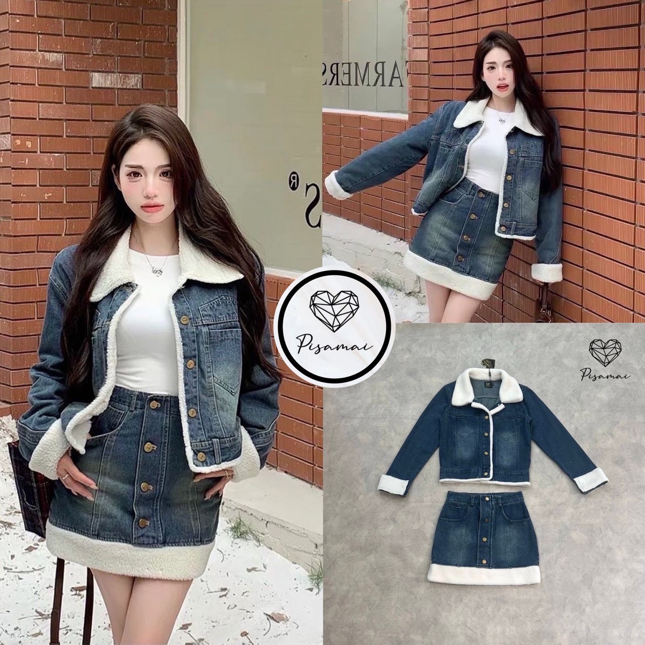 เซ็ตเสื้อแจ็กเก็ตยีนส์สีเข้มแขนยาวแต่งคอปกขนปุยสีขาวขนปุย มาคู่กับกระโปรงสอบตัวสั้นแต่งขนปุยสีขาว ราคานี้มือต้องไวเลยค่า