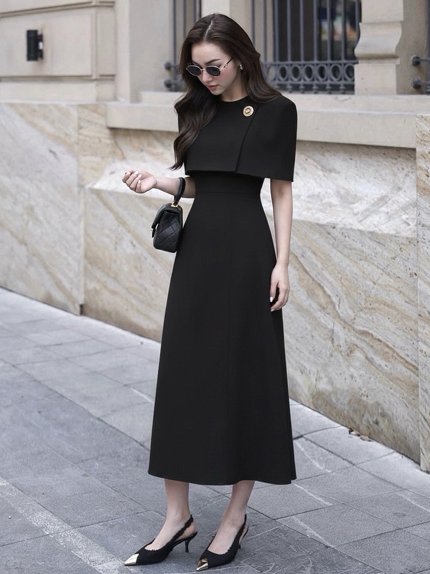 เดรสคลุมไหล่สาวเทสดีคอกลมทรงคลุมไหล่บ่าเสริมฟองน้ำเบาๆเอวเข้ารูปเข้าทรงกระโปรงยาวทรงเอผ้าสูทอัดกาวอย่างดี