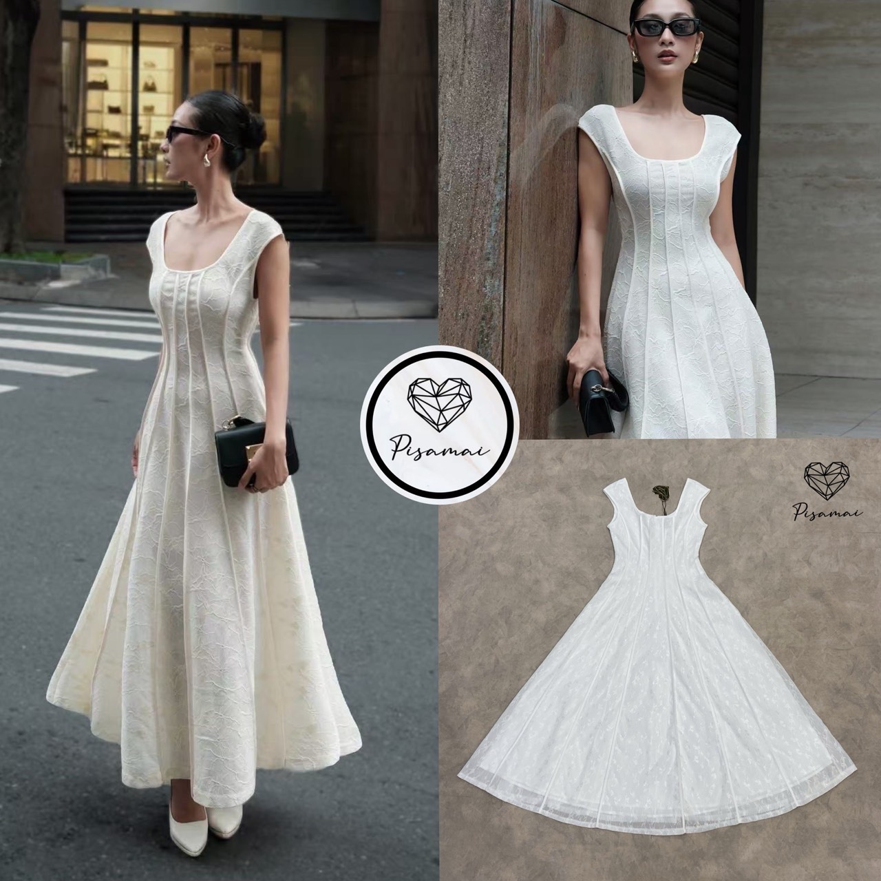 เดรสแขนกุดตัวยาวสีขาวทรงบานแต่งลายเส้นนูน สวยมากกกกกกใส่สวย หรู ได้ไม่ซ้ำใคร ต้องมีเลยค่า