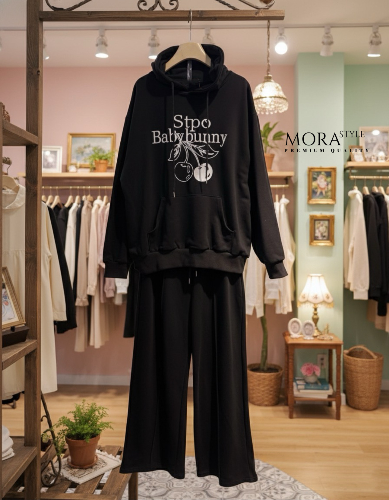 เซ็ท 2 ชิ้น เสื้อแขนยาวมีฮูดหมวกปักแต่งลายเชอรี่ช่วงอก มาพร้อมกับกางเกงขายาวผ้าใส่สบาย ใส่แมตช์ในสไตล์สาวแอร์พอร์ตลุคได้เลยค่ะ เป็นอีกรุ่นที่หนาวนี้ต้องมีนะคะ