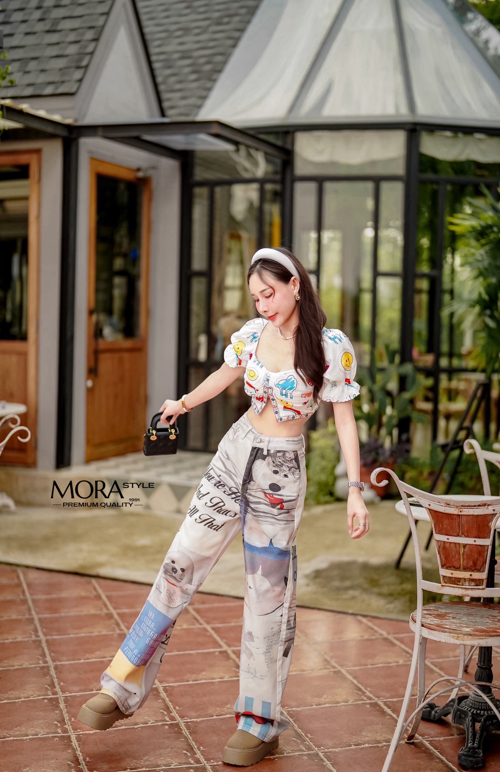 เซ็ต 2 ชิ้น เสื้อแขนจั้มตุ๊กตา หลังสม็อก ผ้าใส่สบาย ลายน่ารัก มาพร้อมกับกางเกงเอวสูงพิมพ์ลายแฟชั่น ทรงกระบอกงานพิมพ์ 3D ใส่แมทน่ารักมากค่าา
