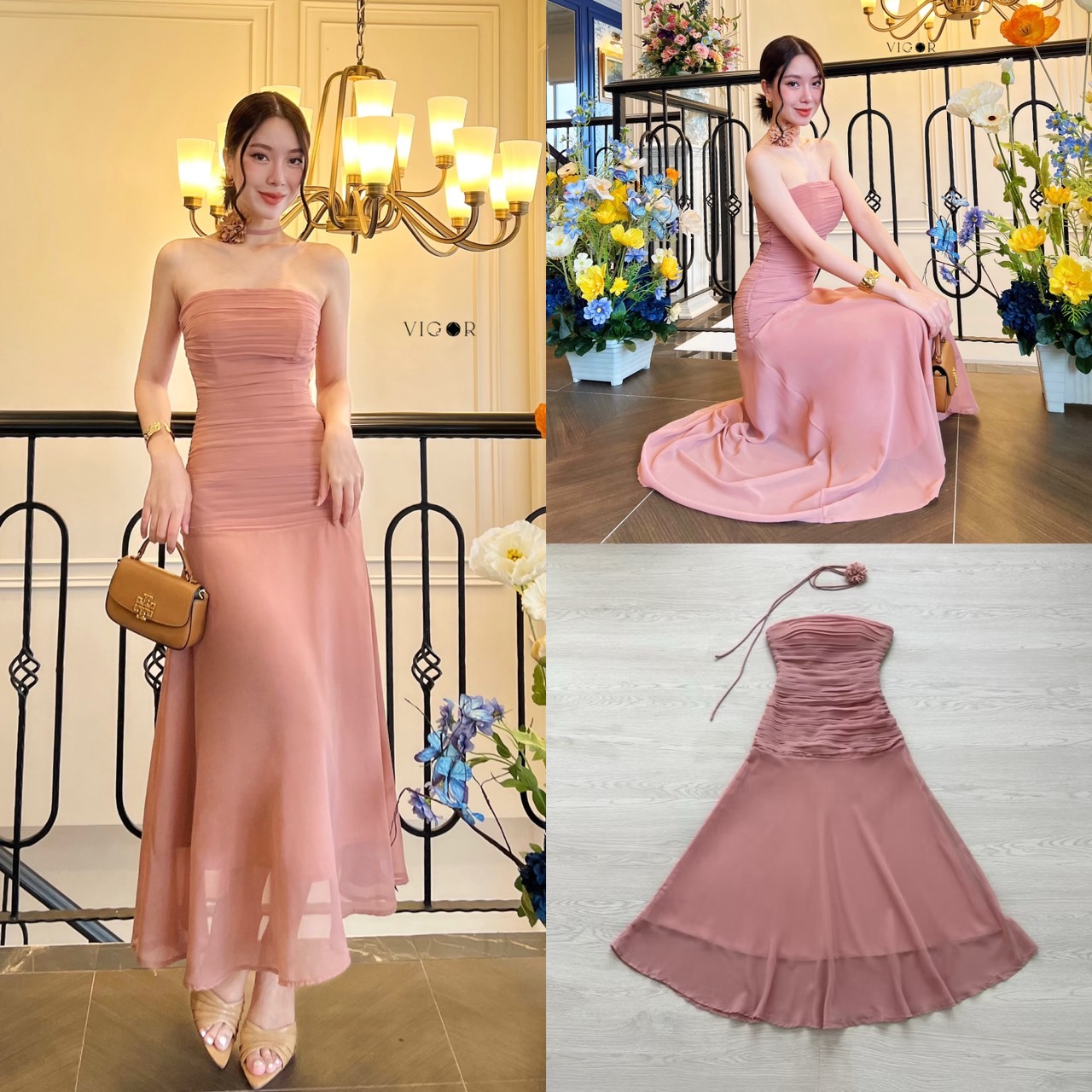 เดรสเกาะอก ผ้าชีฟอง สีชมพูพีช มาพร้อมกับโช้คเกอร์ คัทติ้งเนี้ยบแพตเทิร์นเป๊ะ รุ่นนี้มีฟองน้ำให้ในตัว น้องไม่บางเลยนะคะ ใส่แล้วพอดีตัวมากๆค่ะ งานตัดเย็บเกรดปราณีต เป็นชุดที่สามารถใส่ออกงานใส่เที่ยว ใส่ปาร์ตี้ ใส่ดินเนอร์ ทุกงานเลยค่ะ