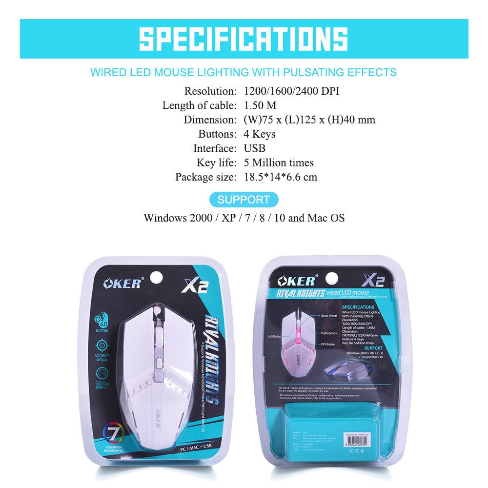 OKER X2 MOUSE USB 4D LED 2400DPI ไฟ7สี SKU-02945