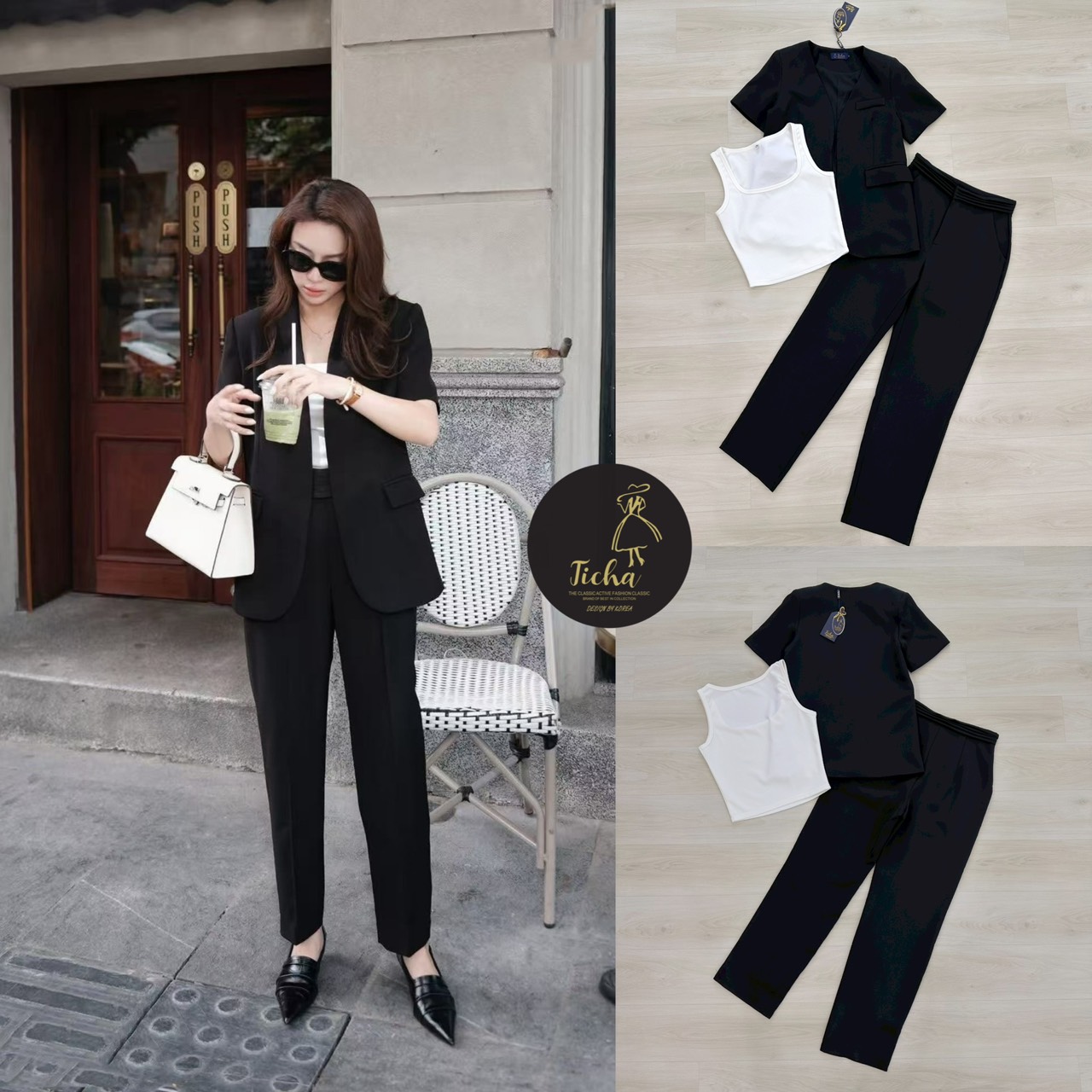 ชุด Set3ชิ้น เสื้อเบลเซอร์+เสื้อกล้าม+กางเกงขายาว เสื้อเบเซอร์แขนสั้นสีดำ ดีเทลแต่งกระเป๋าหน้าใช้งานได้จริง (ไหล่เสริมฟองน้ำ ) และมีเสื้อครอปสีขาว มาพร้อมกางเกงขายาวสีดำทรงสวย ดีเทล แต่งจีบตรงขอบเอว มีกระเป๋าข้าง ซิปหน้า ทรงสวย ลุค CEO ดูสุภาพ บอกเลยว่ารุ