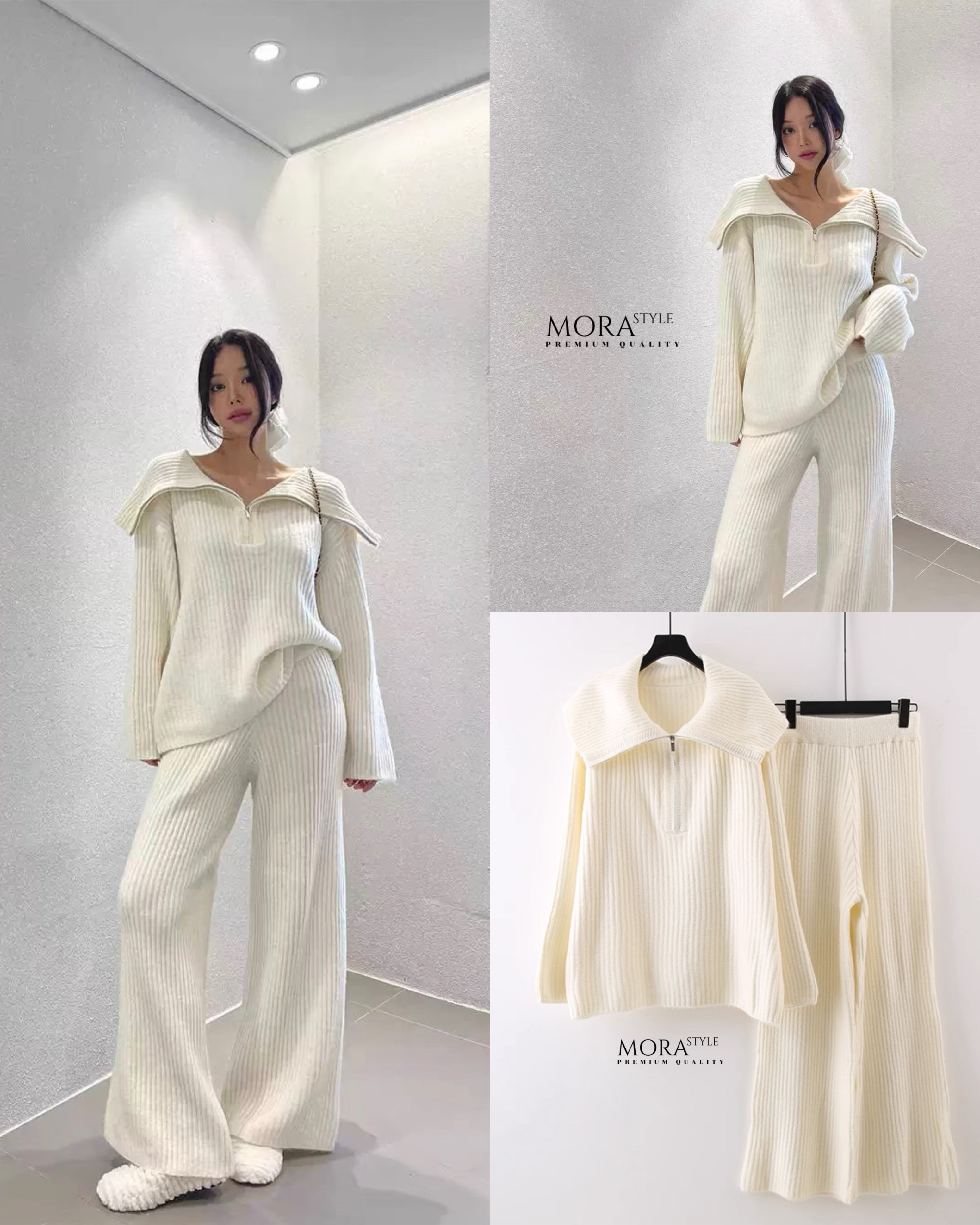 เซ็ท 2 ชิ้น เสื้อไหมพรมแขนยาวมีซิปรูดช่วงคอ มาพร้อมกับกางเกงขายาวผ้ายืดหยุ่นใส่สบาย เป็นงานไหมพรหมผ้าร่องทั้งเซ็ท เป็นอีกหนึ่งคอลเลคชั่นแนะนำสำหรับหนาวนี้เลยค่าาา