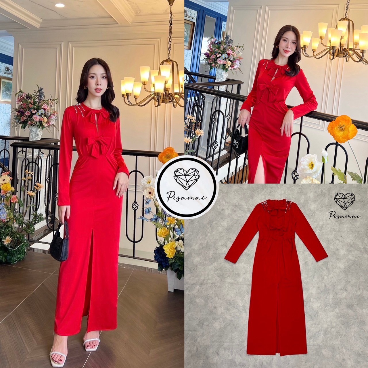 เดรสสีแดงแขนยาวแต่งโบว์ช่วงหน้าอก ทรงผ่าหน้าทรงเข้ารูปทรงยาว สวย หรู ดูแพง คุ้มมากๆค่า ใส่เข้าเซ็ตคือดีมากค่าใส่vacayถ่ายรูปกับแก๊งค์เพื่อนๆไม่มีผิดหวังเลยค่า