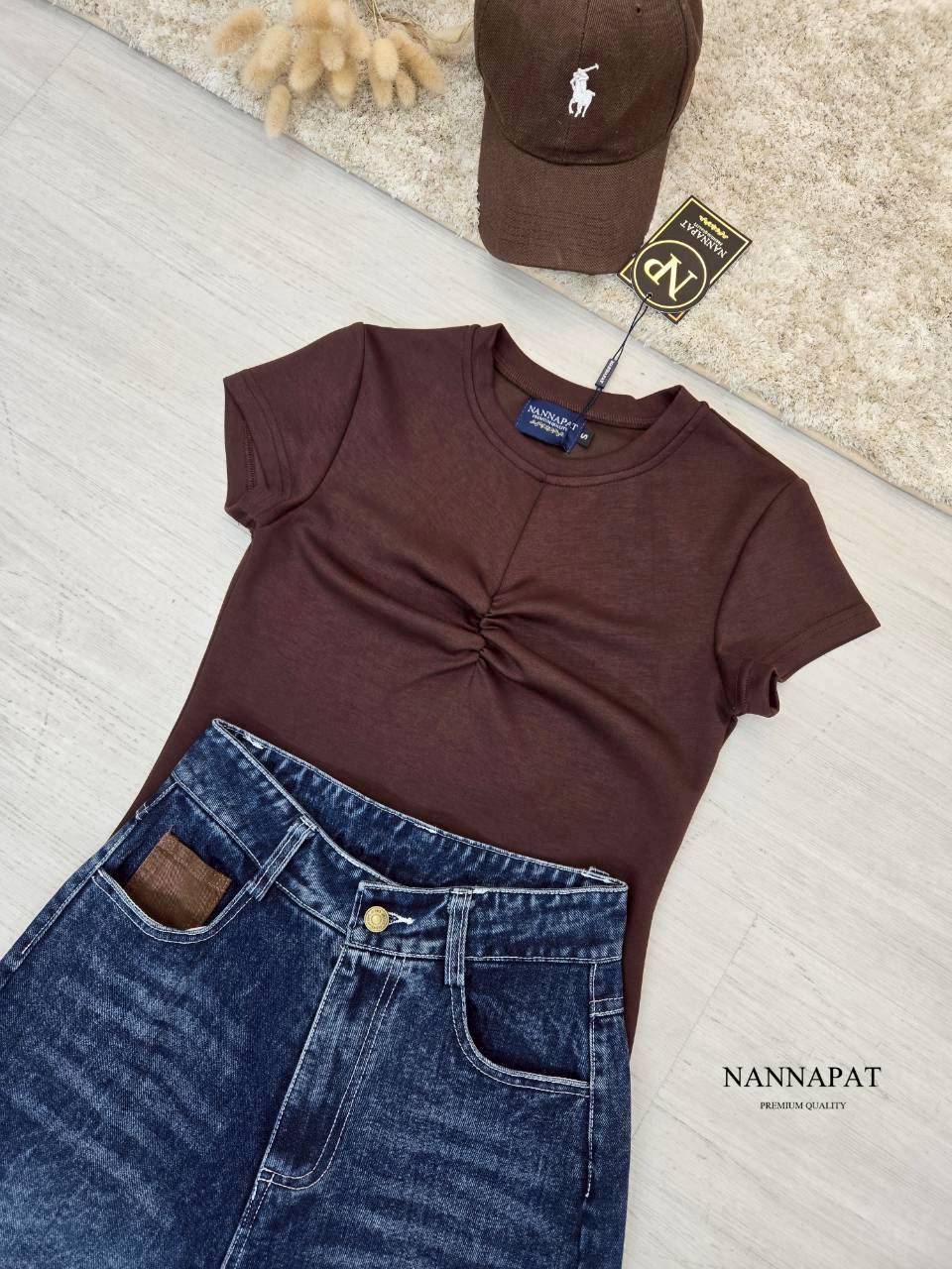 🎗 TAG :: NANNAPAT (NP) เซท 3 ชิ้น เสื้อผ้ายืดนุ่มมา + กับกางเกงยีนส์แท้ฟอก เอวสับ +หมวก