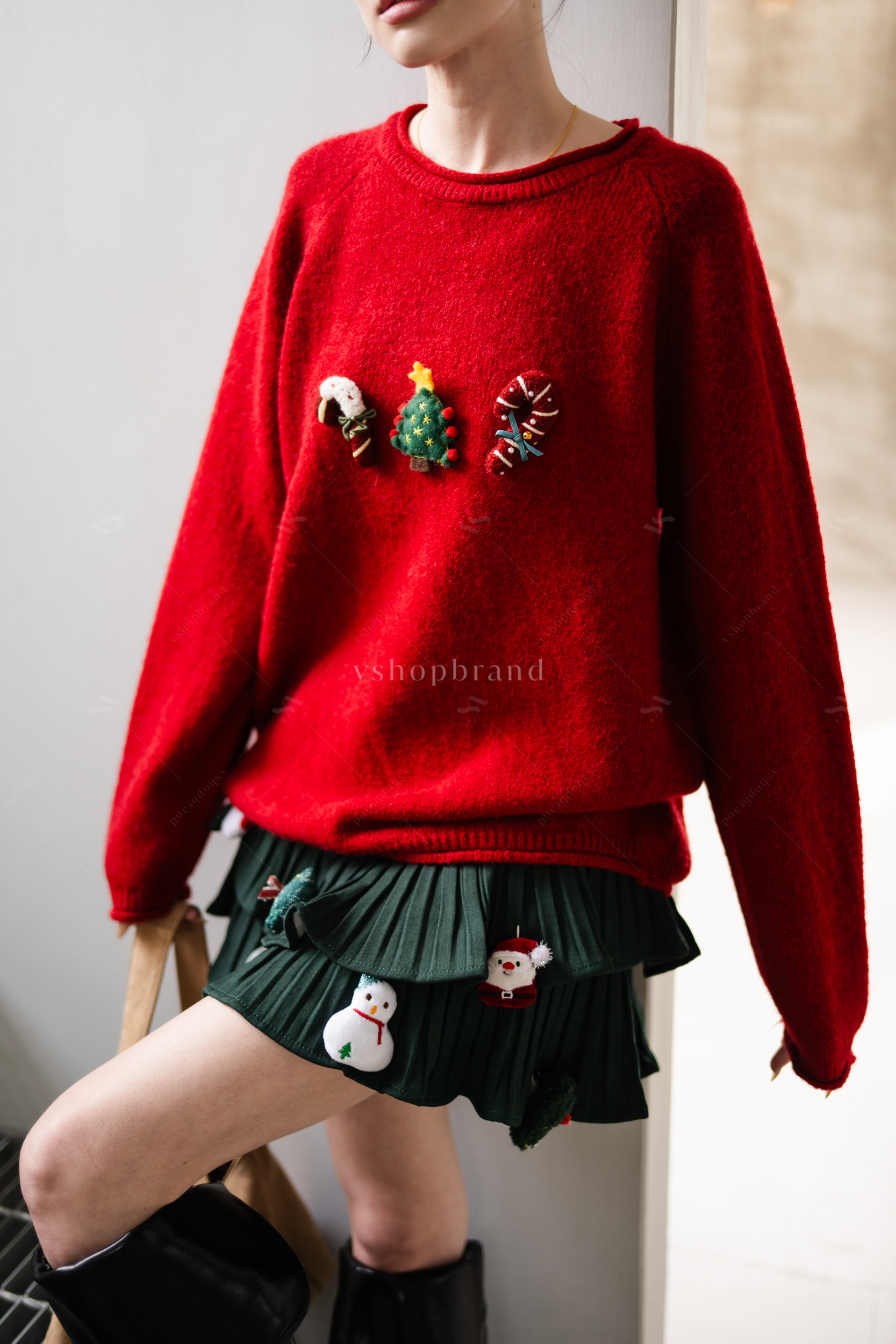 เสื้อไหมพรมแขนยาวปักคริสมาสต์